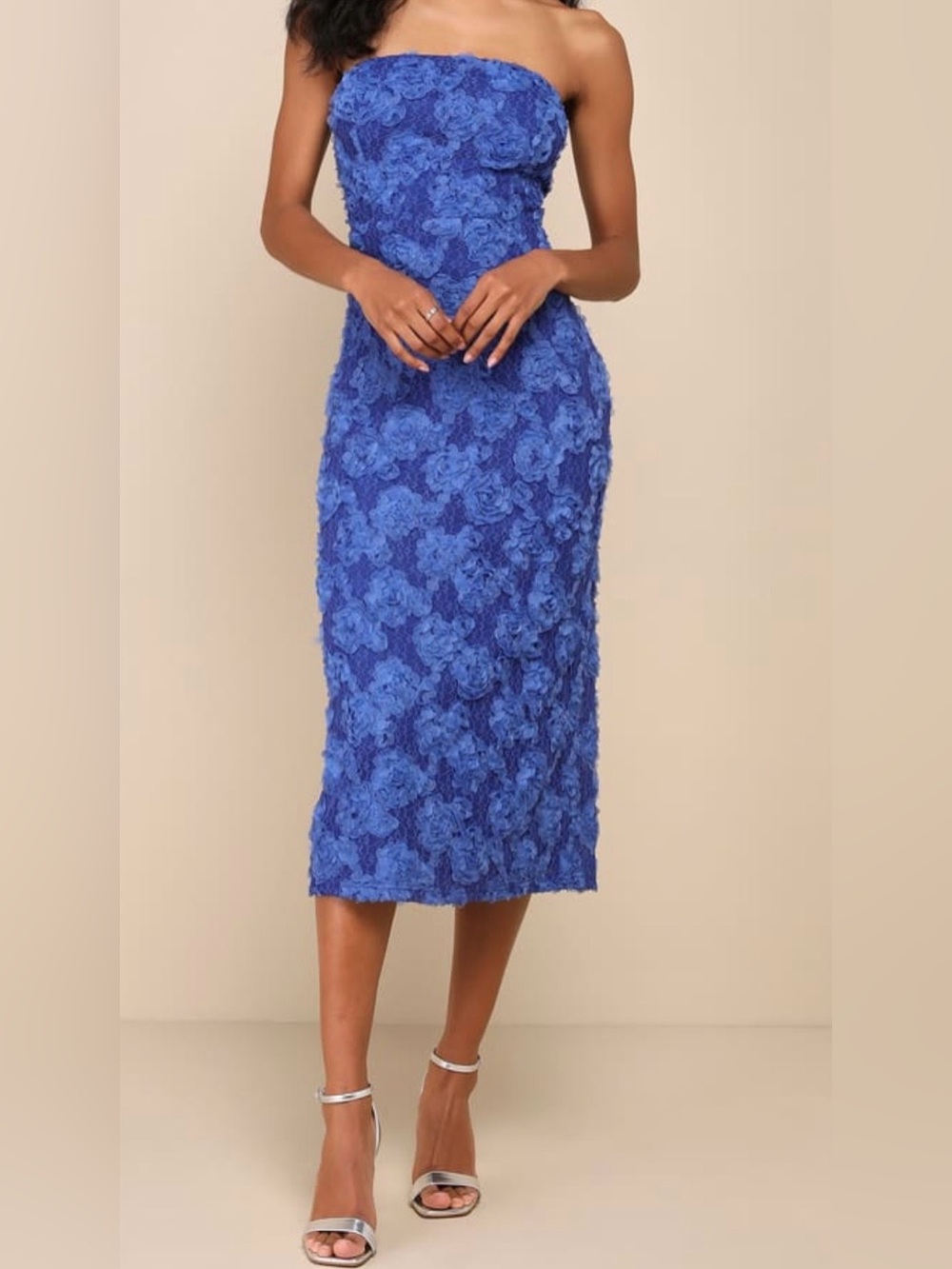 Lulus Flawless Perfection Blue Floral Applique Strapless Midi Dress Size M